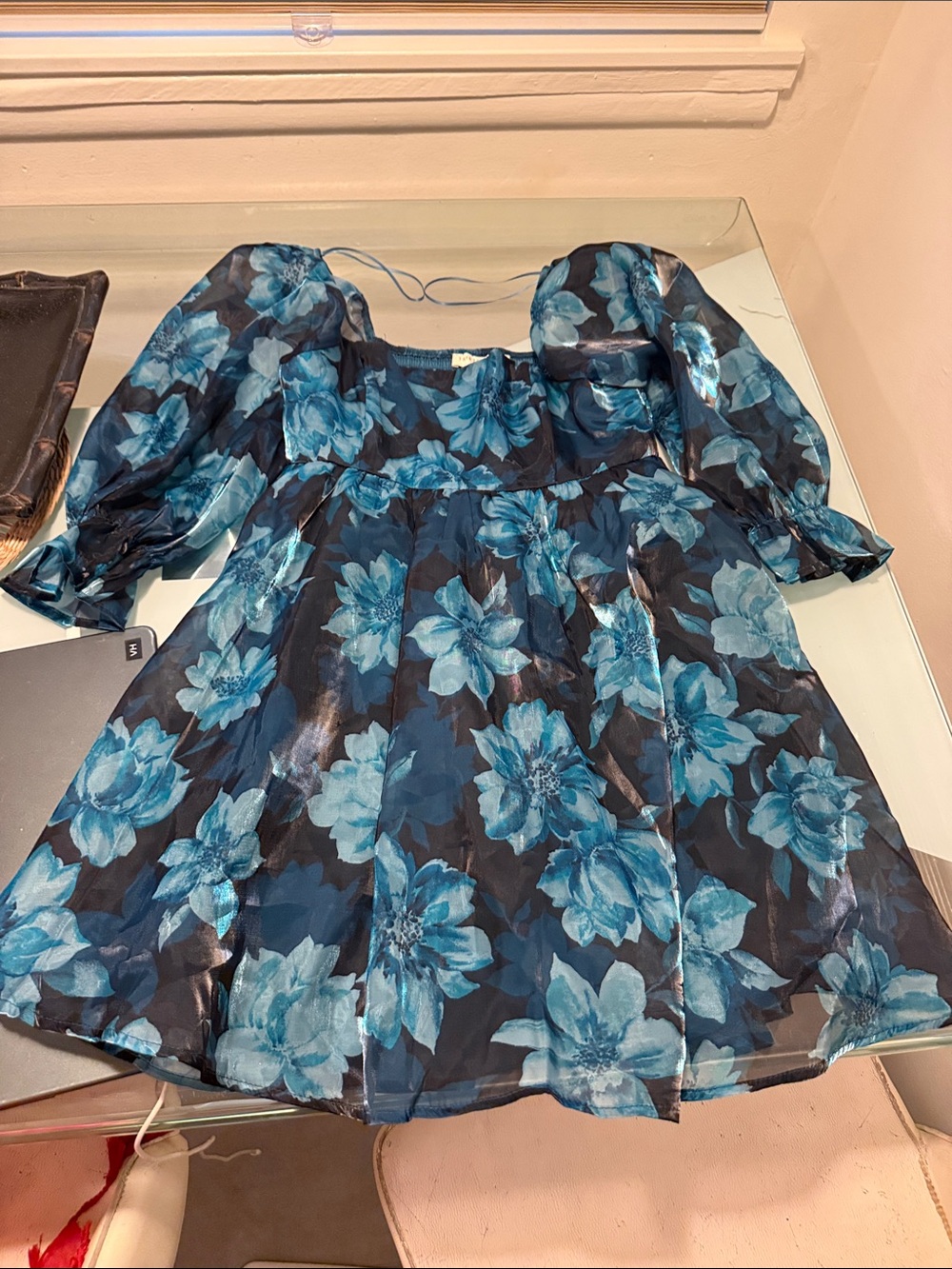Floral Puff-Sleeve Mini Dress in Blue